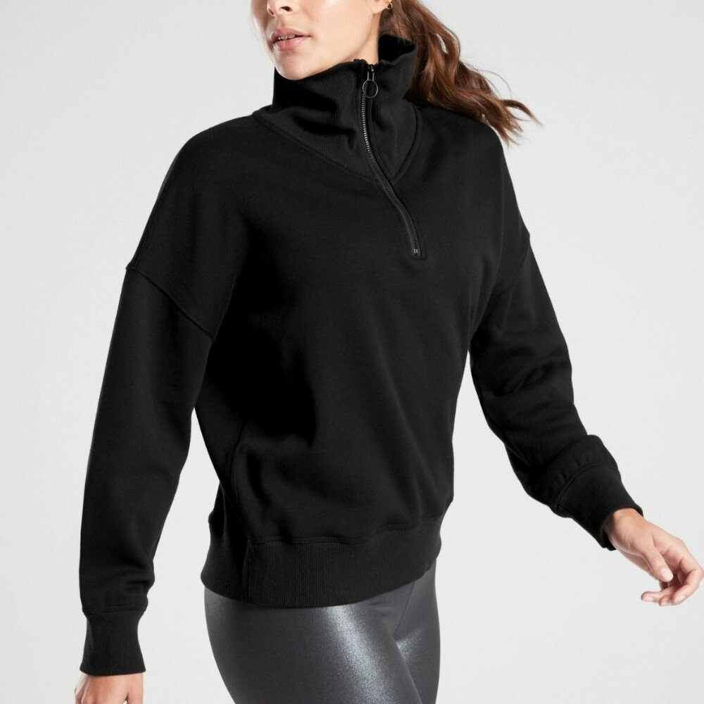 Athleta Cozy Karma 1/4 Zip Sweatshirt, Black, Plush Fleece Interior, Medium